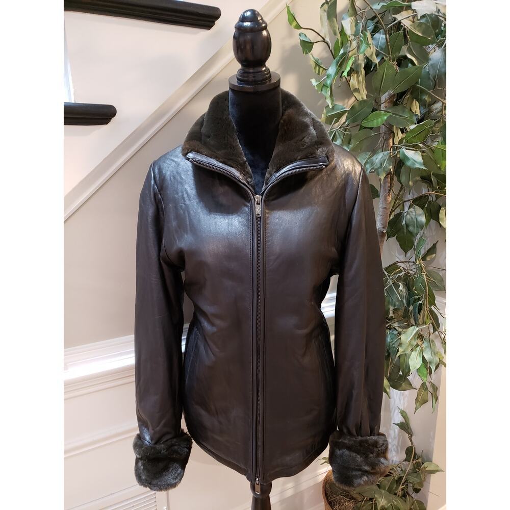 Columbia Leather Jacket Women’s M Black Faux‎ Fur Lined Zip Winter Coat Warm
